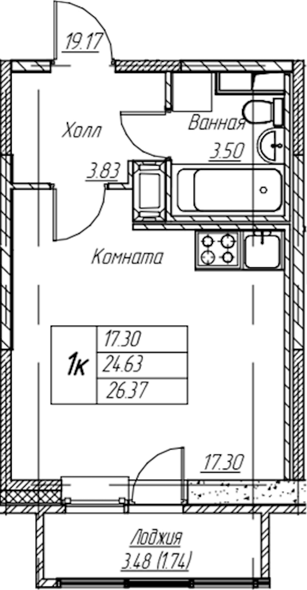 Квартира студия 26.37 м², 16/22 эт., ЖК «Парк-квартал Юнтолово»